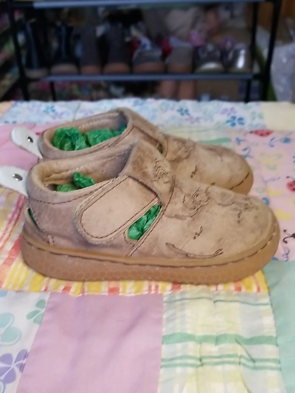 Livie & Luca Tan Brown Map-Embossed Mary Jane Baby Shoes Size 4